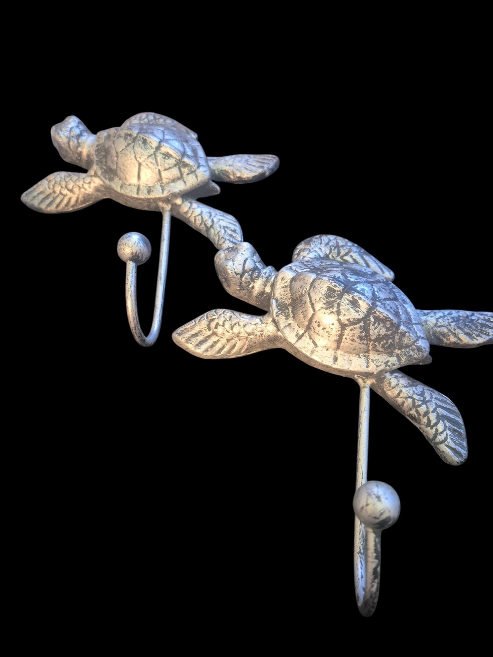 Decorative Silver Sea Turtle Wall Hooks - Pair Silver Tone